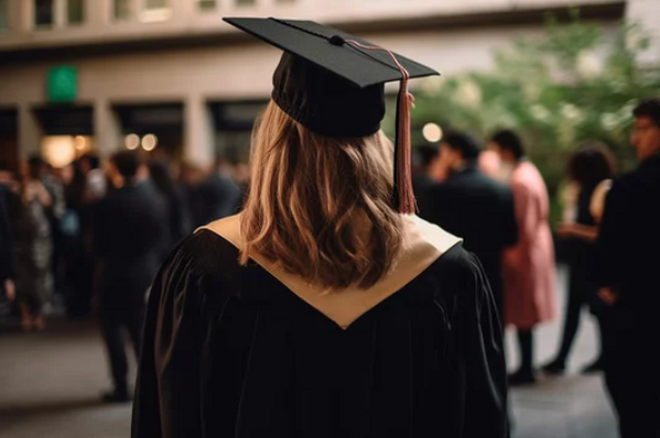 Studentka na tle tłumu i budynku uczelni ubrana w togę i czapkę absolwenta