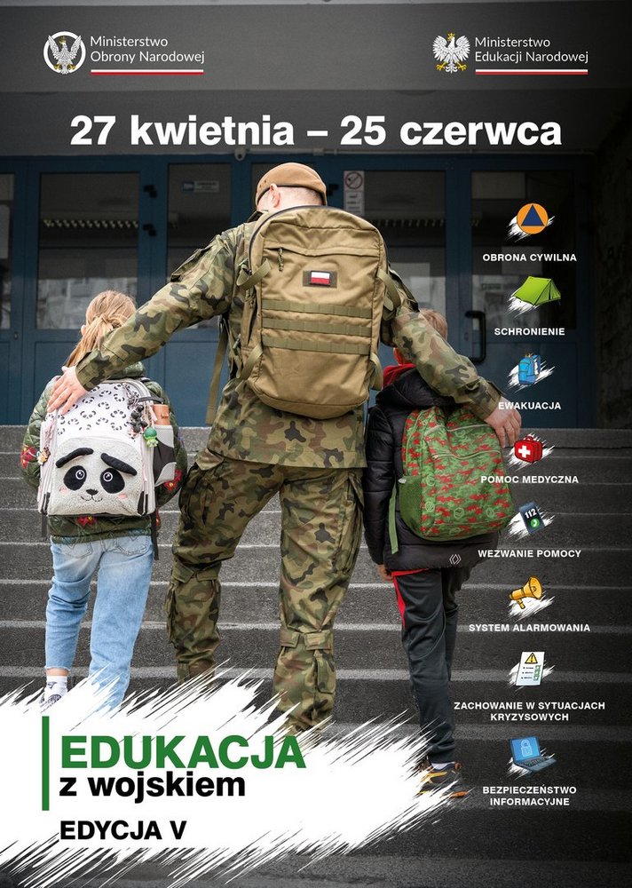 Plakat Edukacja z wojskiem edycja 5 dzieci i żołnież na schodach
