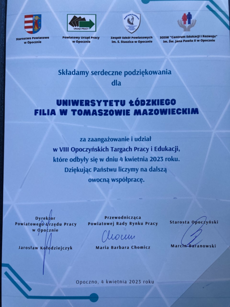 Obrazek przedstawia podzieńkowania dla Filii UŁ w TM za udział w targach