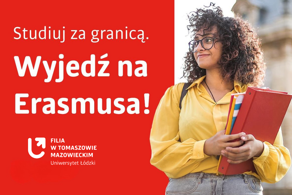 Baner z napisem studiuj za granicą wyjedź na erasmusa
