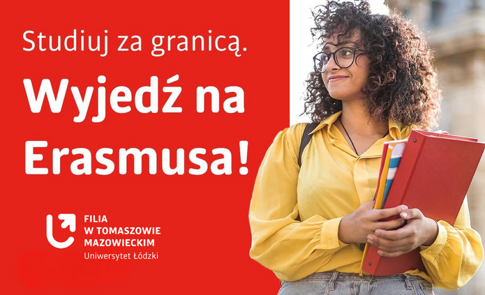 Baner z napisem studiuj za granicą wyjedź na erasmusa